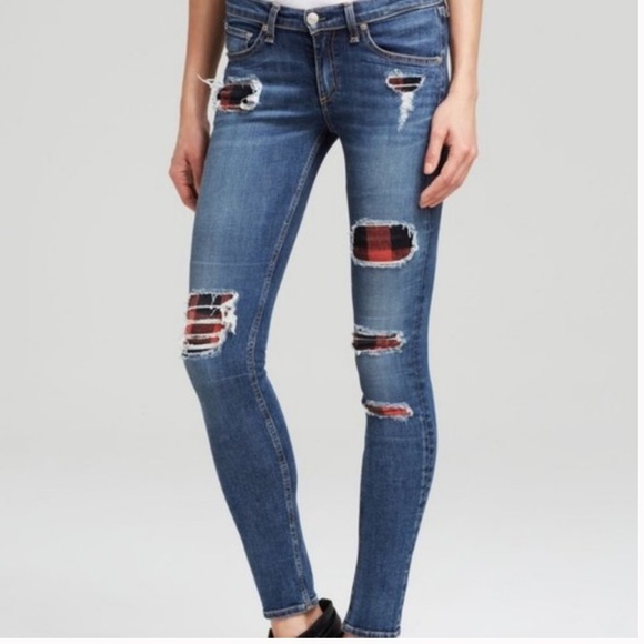 Rag & Bone The Skinny Sloane Jeans Size 28 Red Buffalo Plaid Ripped Low Rise